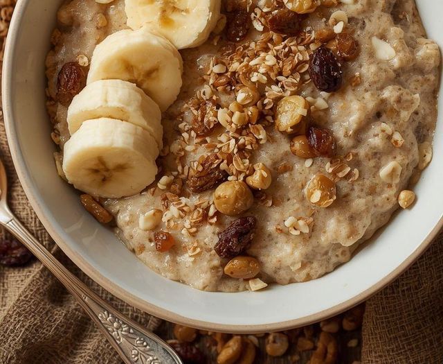 Oatmeal with Banana, Amaranth, and Raisins (lighter version, lactose-free)