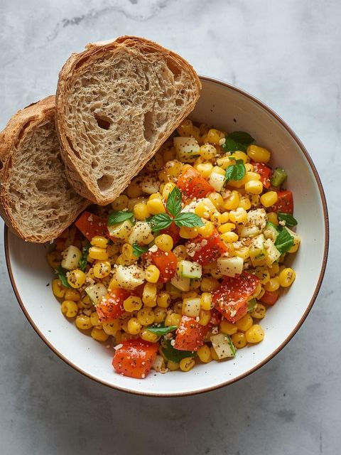 Mais-Paprika-Salat mit Chiasamen (mit Brot)
