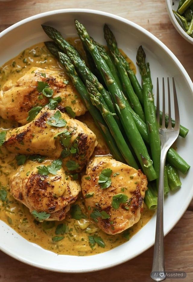 Lighter curry chicken with green beans and asparagus