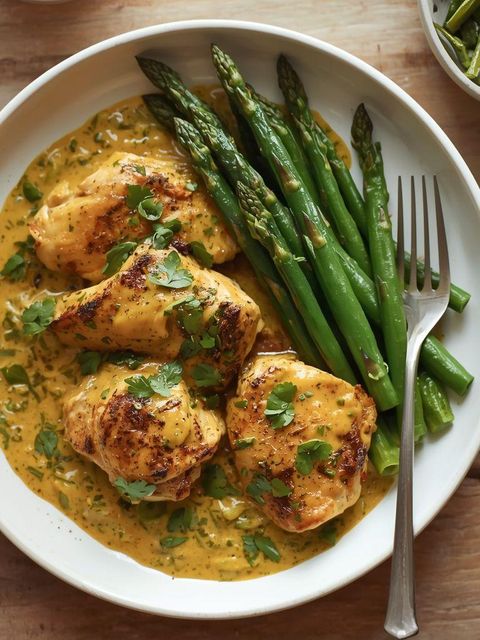 Lighter curry chicken with green beans and asparagus