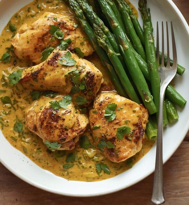 Lighter curry chicken with green beans and asparagus