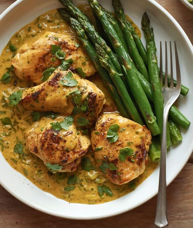 Lighter curry chicken with green beans and asparagus