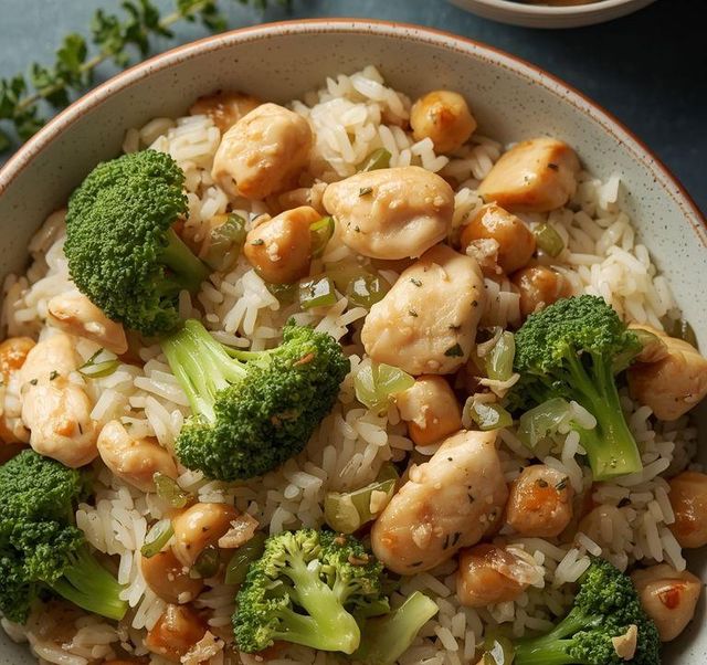 Reis mit Hühnchen und Brokkoli
