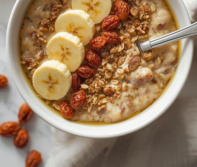 Haferflocken mit Banane, Amaranth und Rosinen (leichtere Version, laktosefrei)