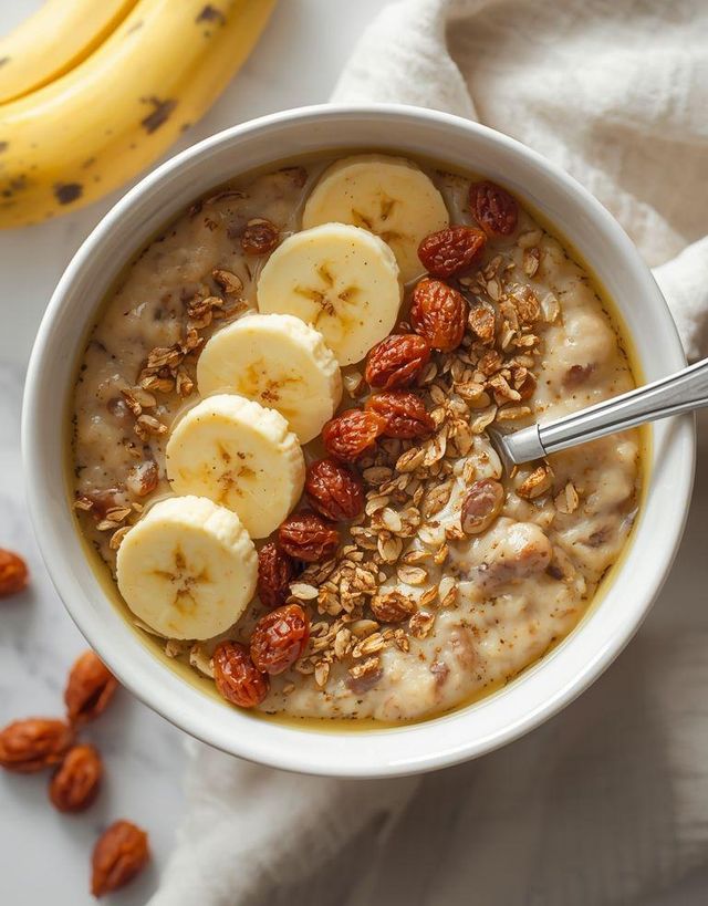 Oatmeal with banana, amaranth, and raisins (lighter version, lactose-free)