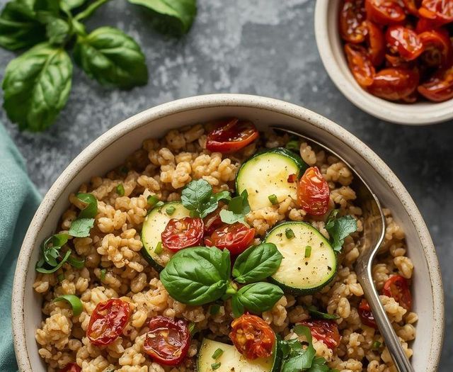 Graupen mit Zucchini und getrockneten Tomaten