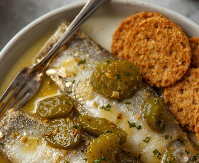 Heringsfilets mit Gurke und Graham Cracker (glutenfrei)