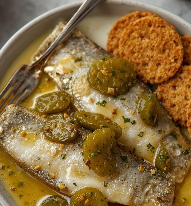 Heringsfilets mit Gurke und Graham Cracker (glutenfrei)