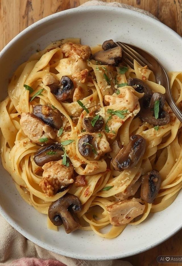 Nudeln mit Hähnchen und Champignons