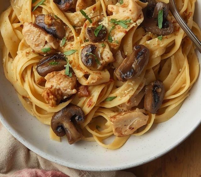 Nudeln mit Hähnchen und Champignons