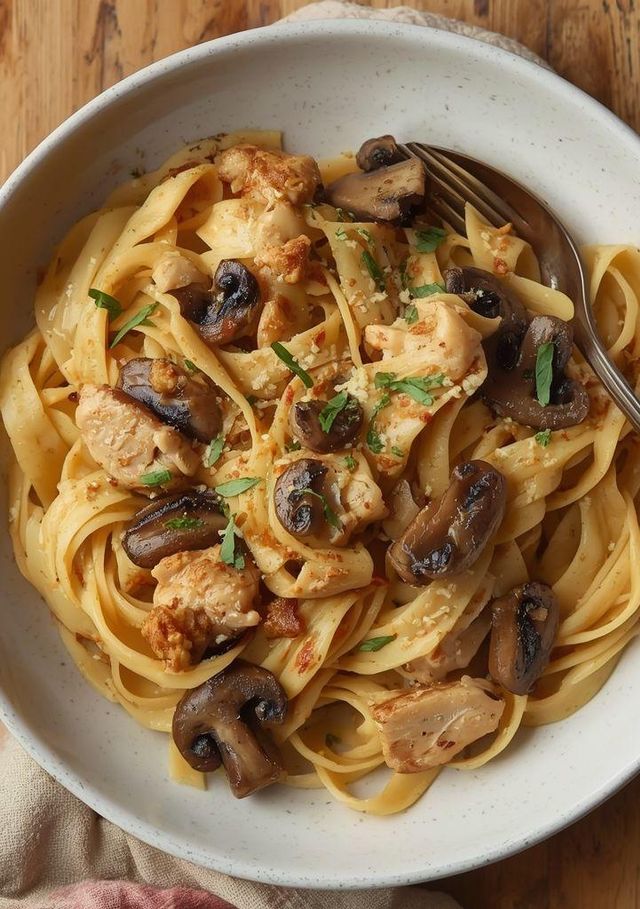 Nudeln mit Hähnchen und Champignons