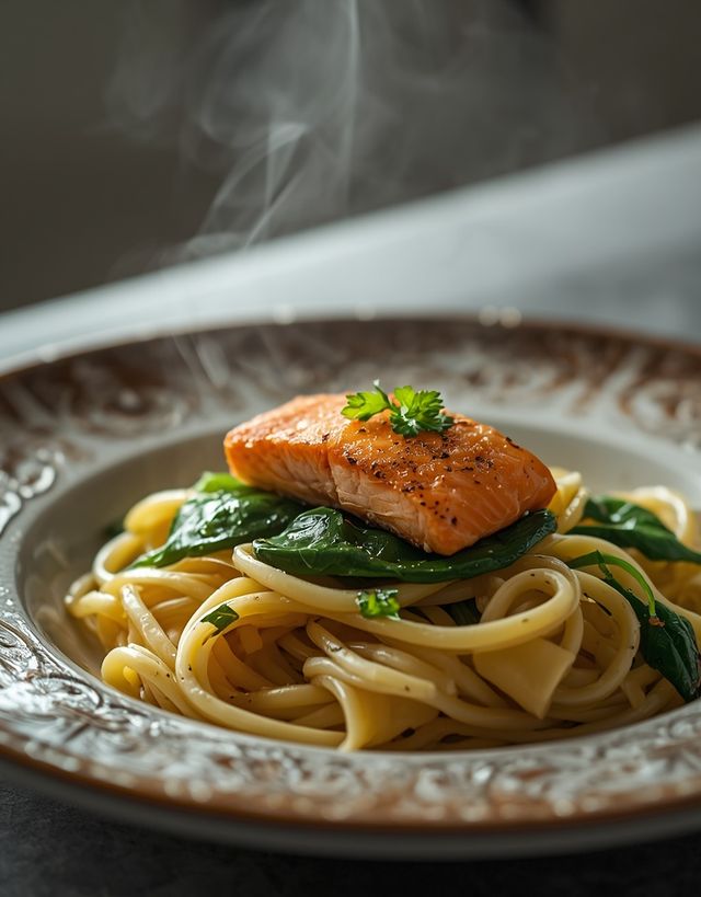 Nudeln mit Spinat und Lachs