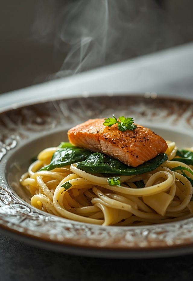Nudeln mit Spinat und Lachs