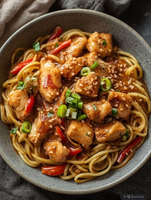 Hähnchen in asiatischer Sauce mit Nudeln