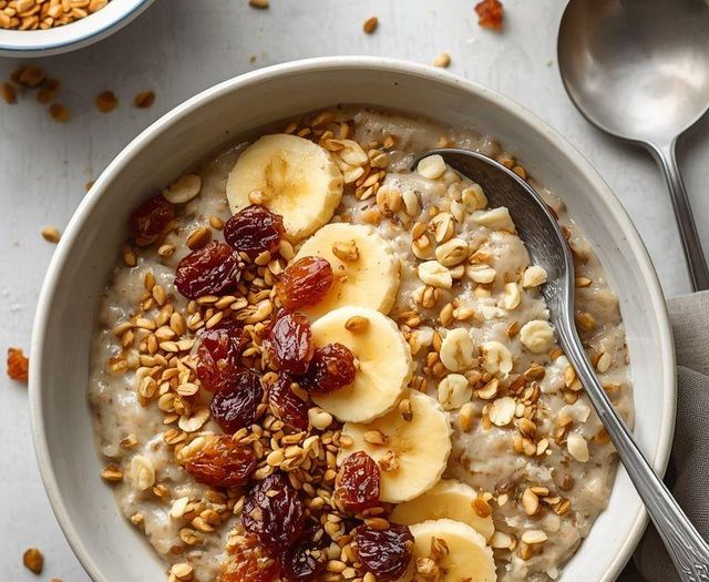 Haferbrei mit Banane, Amaranth und Rosinen (laktosefreie Version)
