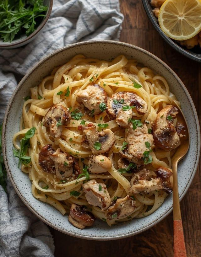 Makaron z kurczakiem i pieczarkami (wersja bezglutenowa)