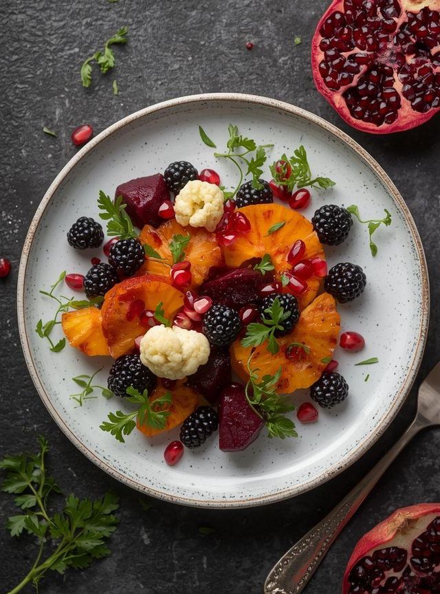 Waldbeeren mit Rote Beete, Kürbis, Blumenkohl und Granatapfel