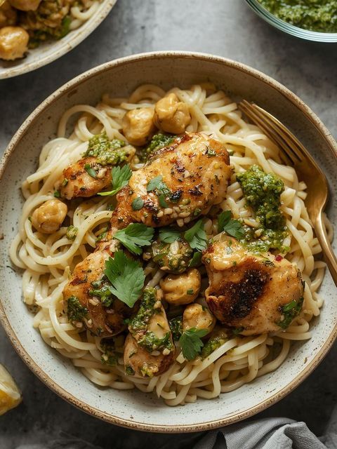 Kurczak w sosie pesto z makaronem ryżowym