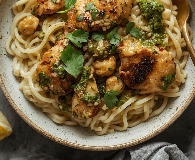 Kurczak w sosie pesto z makaronem ryżowym