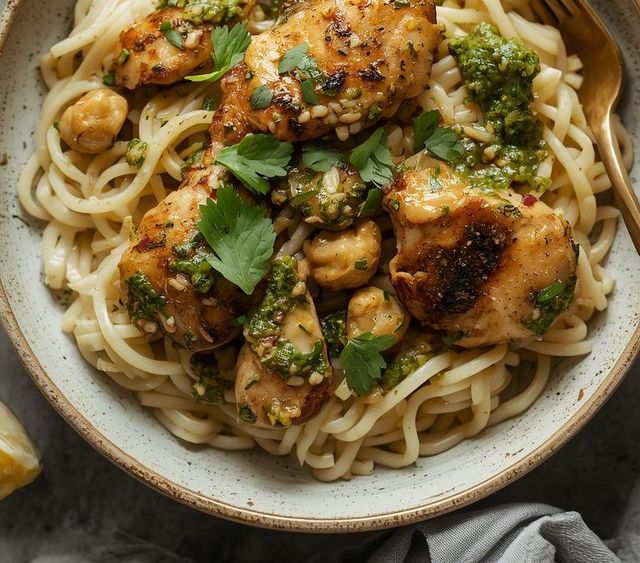 Chicken in Pesto Sauce with Rice Noodles