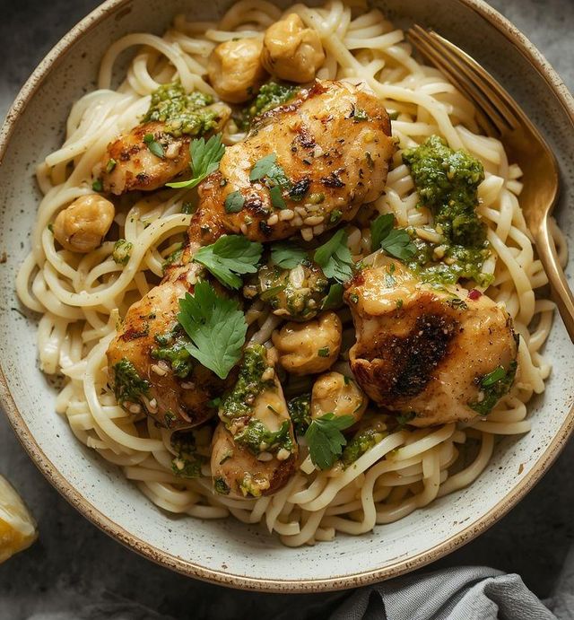 Kurczak w sosie pesto z makaronem ryżowym