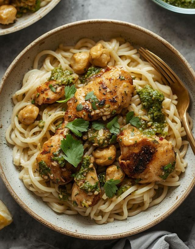 Hähnchen in Pesto-Sauce mit Reisnudeln