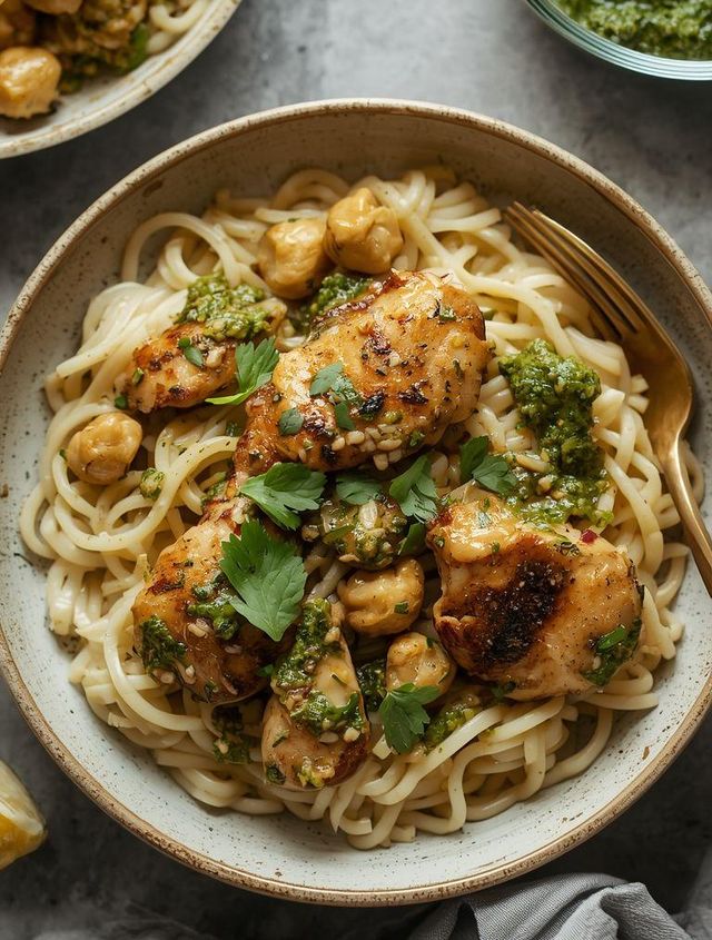Hähnchen in Pesto-Sauce mit Reisnudeln