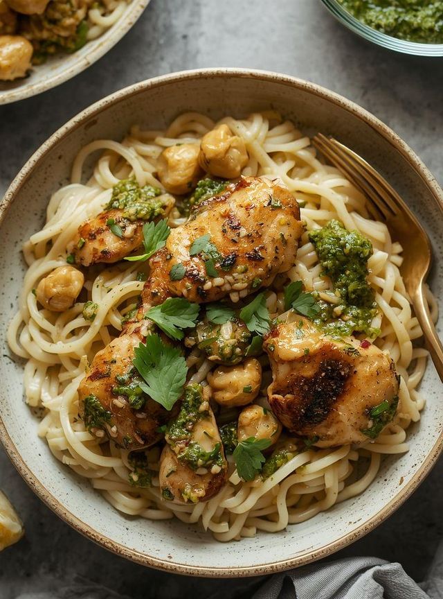 Hähnchen in Pesto-Sauce mit Reisnudeln