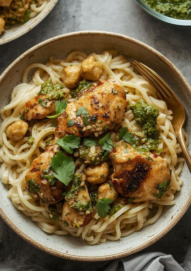 Chicken in Pesto Sauce with Rice Noodles