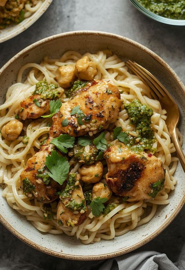 Hähnchen in Pesto-Sauce mit Reisnudeln