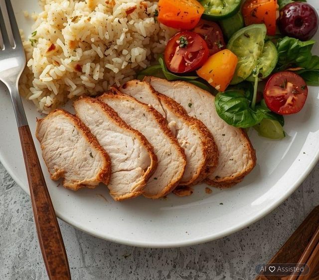 Truthahnbrust mit Reis und Salat