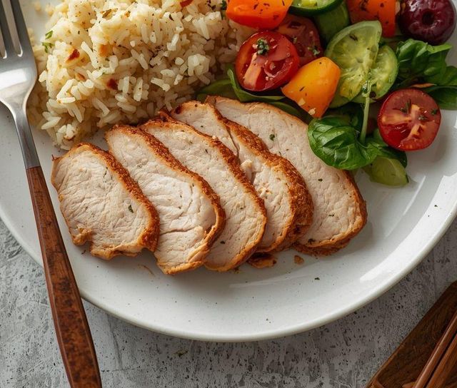 Truthahnbrust mit Reis und Salat