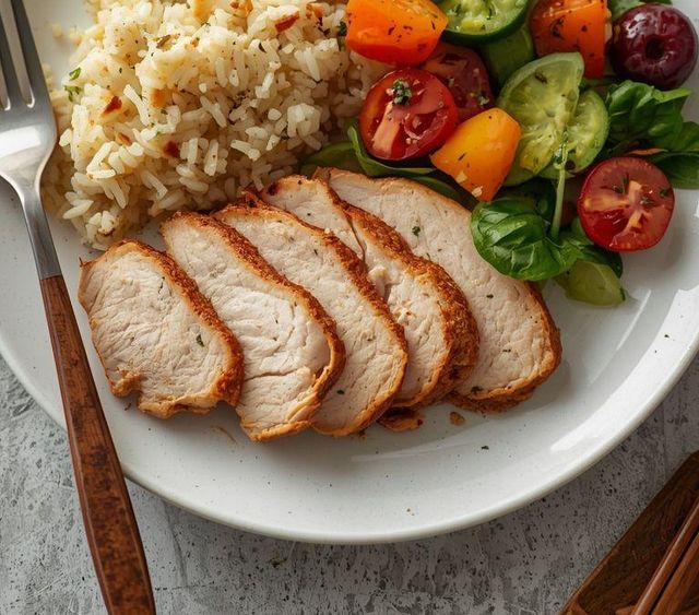 Truthahnbrust mit Reis und Salat