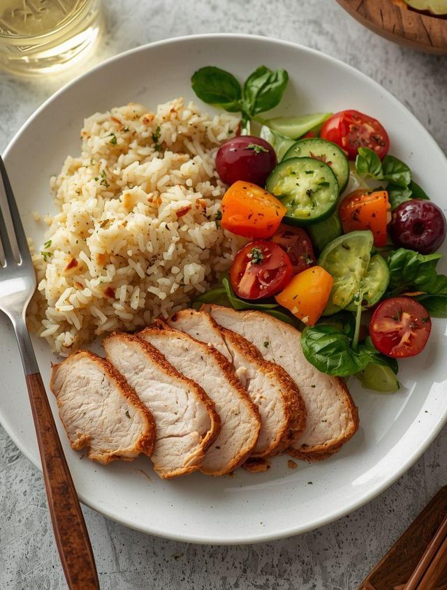 Truthahnbrust mit Reis und Salat