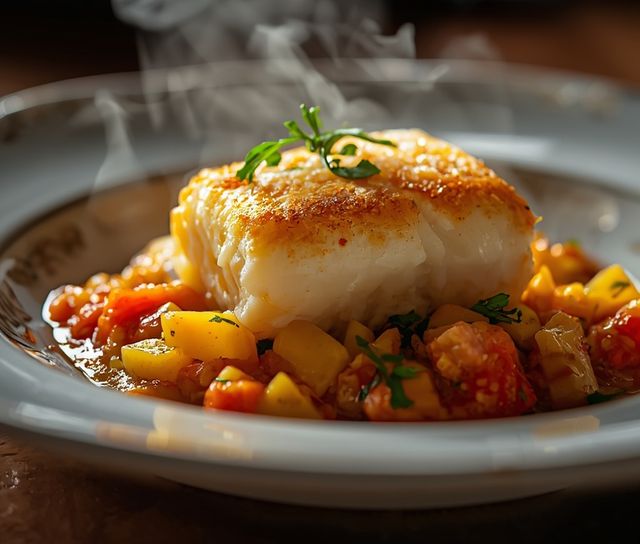 Cod Stewed in Leeks with Tomato Millet