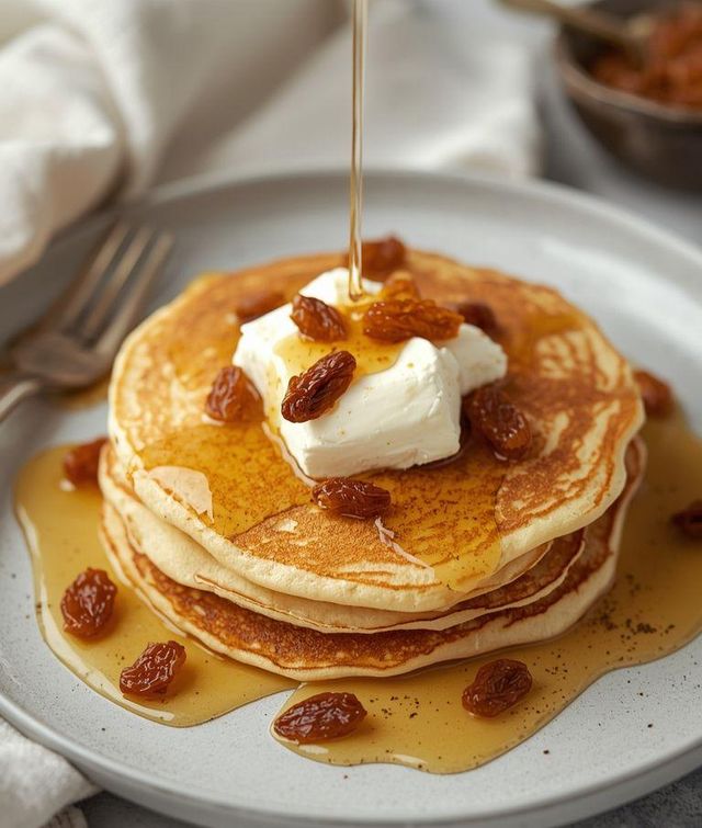 Pancake with Cottage Cheese, Honey, and Raisins