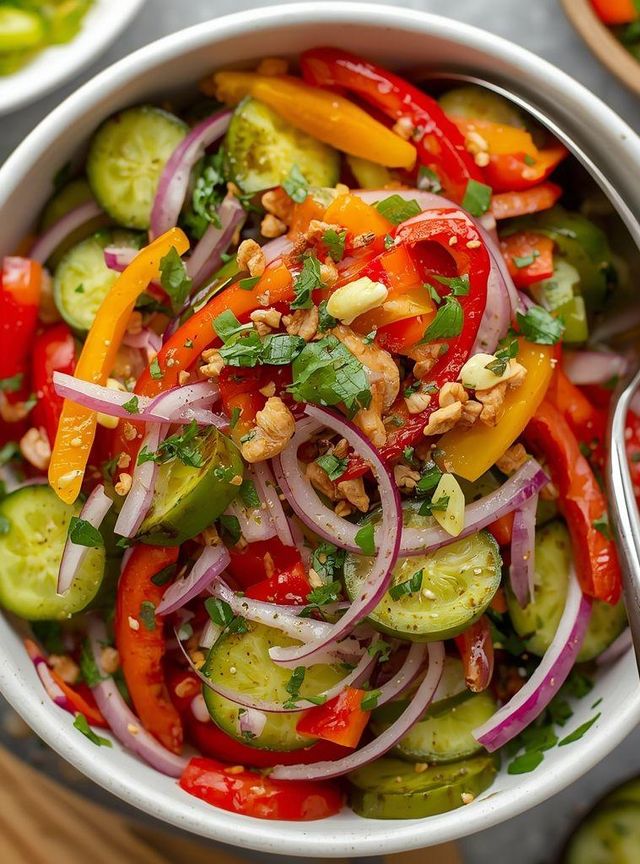 Gurkensalat mit eingelegten Gurken, Paprika und roter Zwiebel