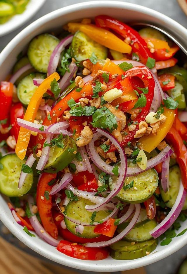 Gurkensalat mit eingelegten Gurken, Paprika und roter Zwiebel