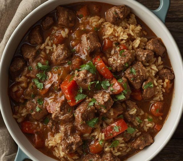 Rindfleischgulasch mit braunem Reis