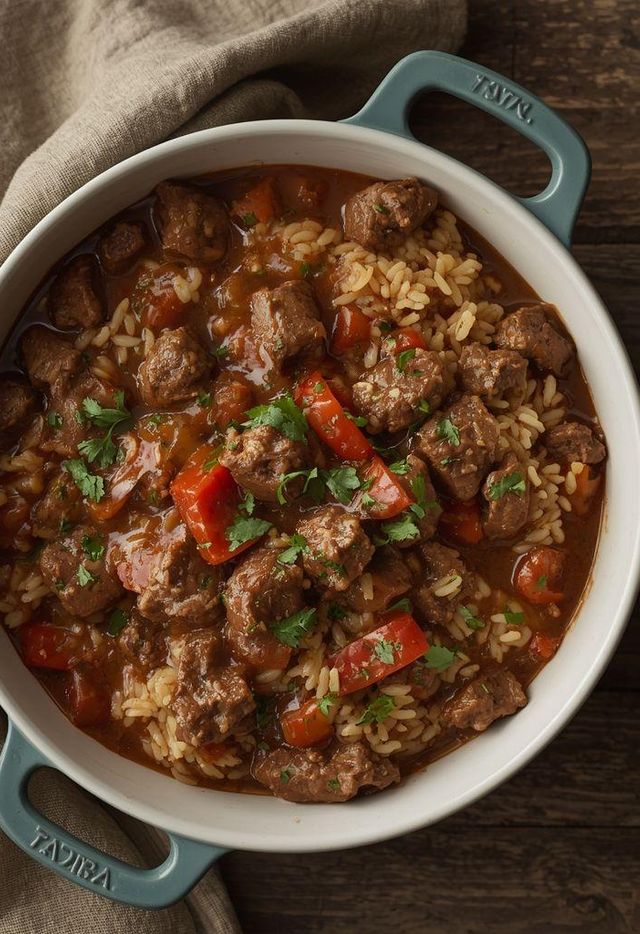 Rindfleischgulasch mit braunem Reis