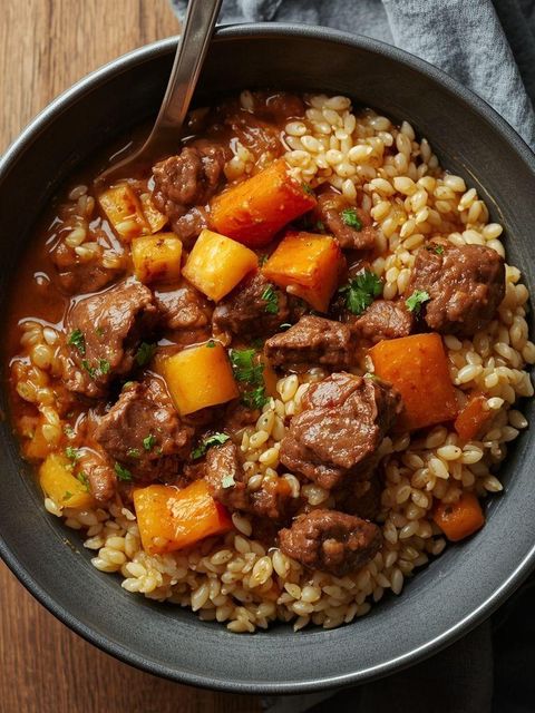 Rindfleisch-Gulasch mit Gerstengrütze