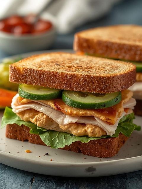 Sandwich mit Hummus, Truthahn und saurem Gurke
