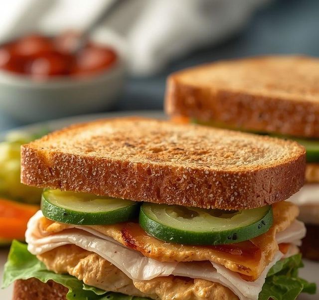 Sandwich mit Hummus, Truthahn und saurem Gurke