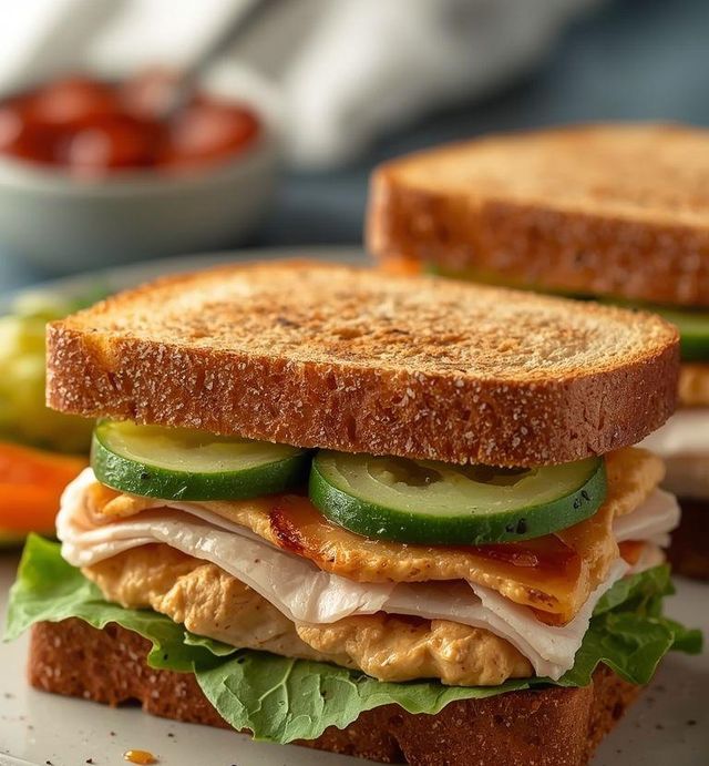 Sandwich mit Hummus, Truthahn und saurem Gurke