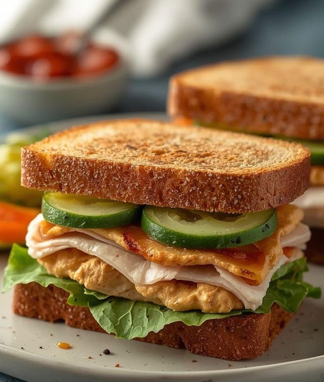 Sandwich with Hummus, Turkey, and Pickled Cucumber