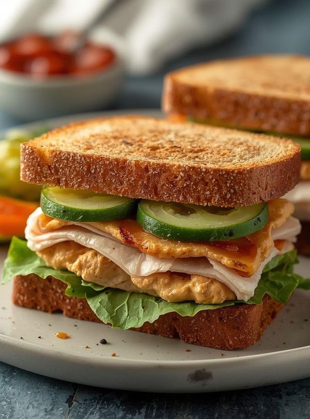Sandwich mit Hummus, Truthahn und saurem Gurke