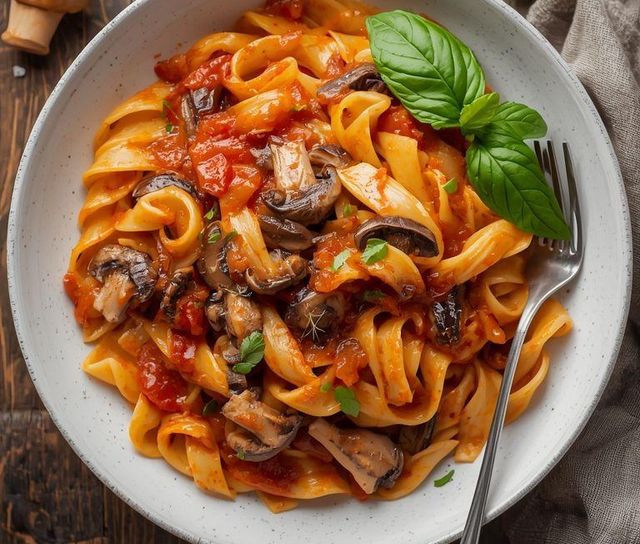 Nudeln mit Hähnchen und Champignons in Tomatensauce