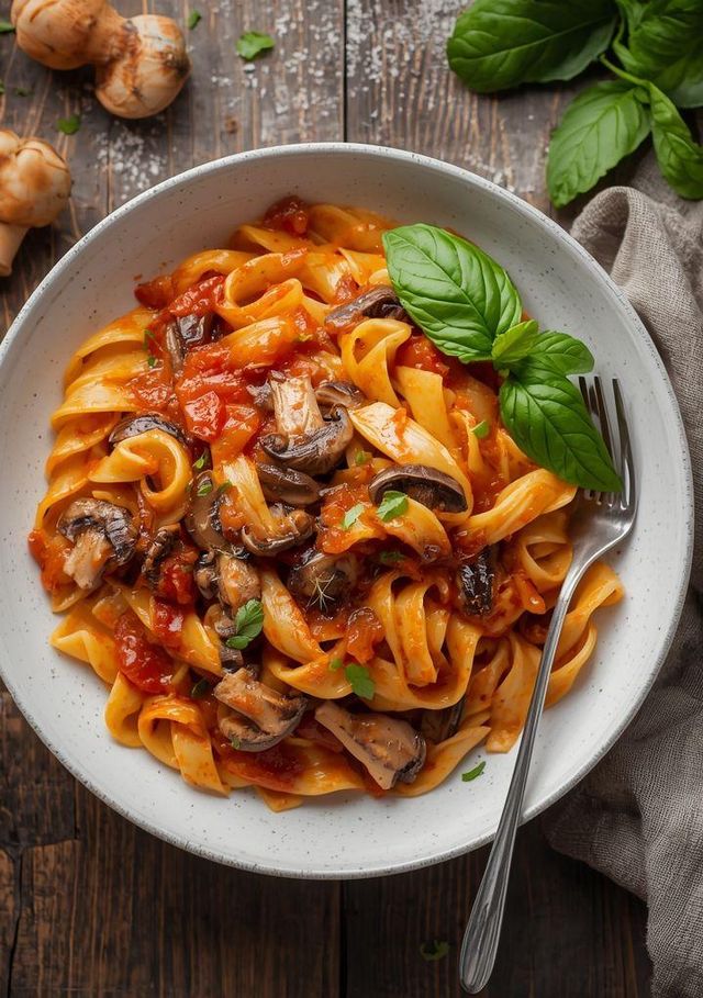 Nudeln mit Hähnchen und Champignons in Tomatensauce