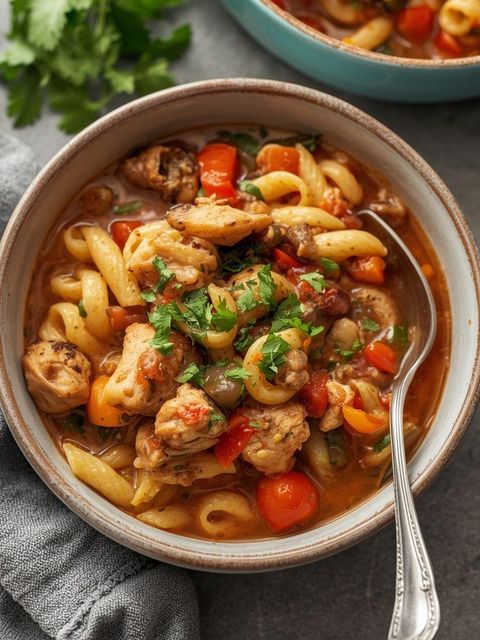 Einzelportion Hühnergulasch mit Gemüse und Nudeln