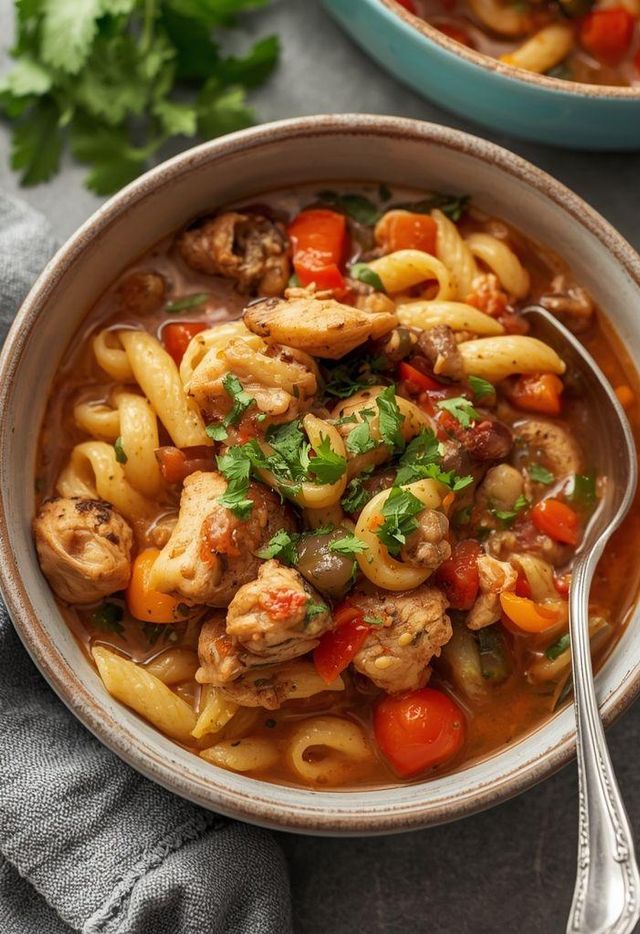 Single-serve chicken goulash with vegetables and pasta
